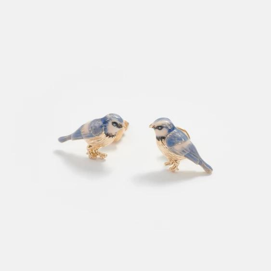 Gold Enamel Blue Tit Stud Earrings